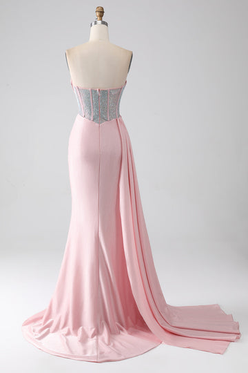 Pink Mermaid Strapless Beaded Pleated Long Formal Dress With High Slit